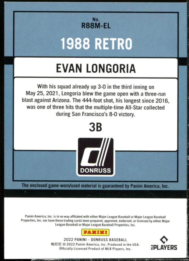 Evan Longoria Card 2022 Donruss Retro '88 Materials #10  Image 2