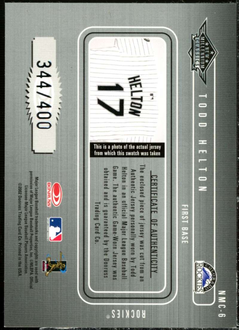 Todd Helton Jsy Card 2002 Donruss Classics New Millennium Classics #6  Image 2