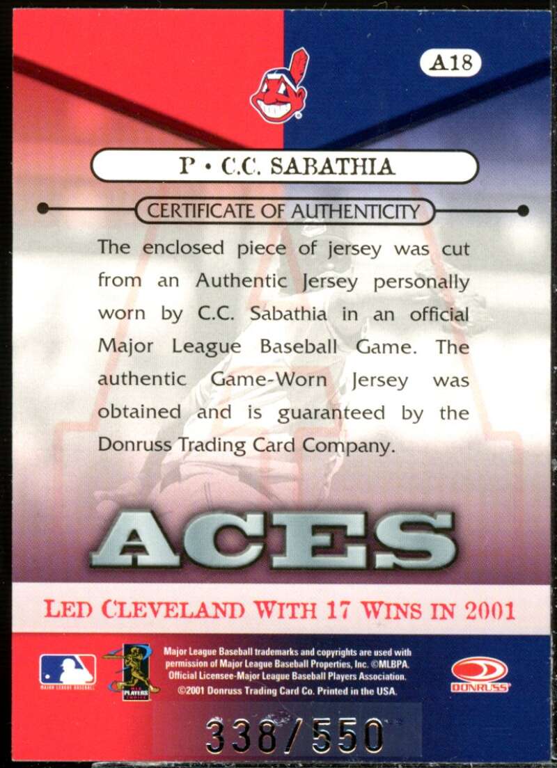 C.C. Sabathia Card 2001 Donruss Class of 2001 Diamond Aces #A18  Image 2