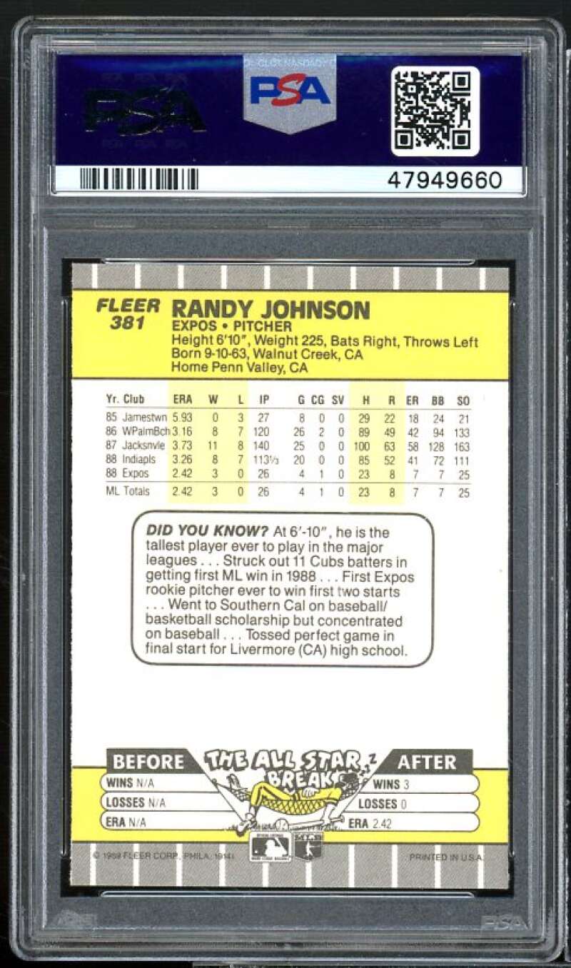 Randy Johnson Rookie Card 1989 Fleer #381 PSA 9 Image 2