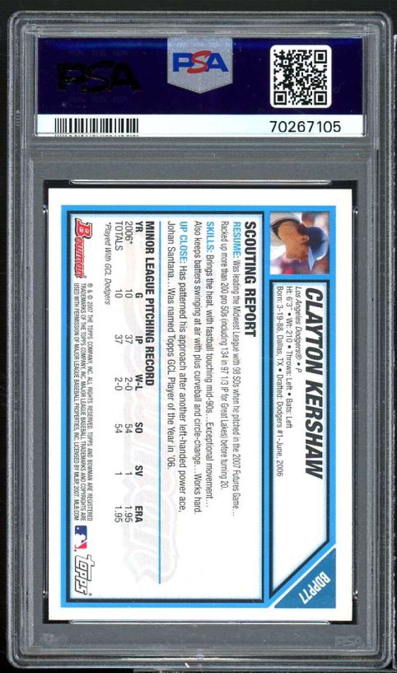 Clayton Kershaw Rookie Card 2007 Bowman Draft Picks & Prospects #BDPP77 PSA 9 Image 2