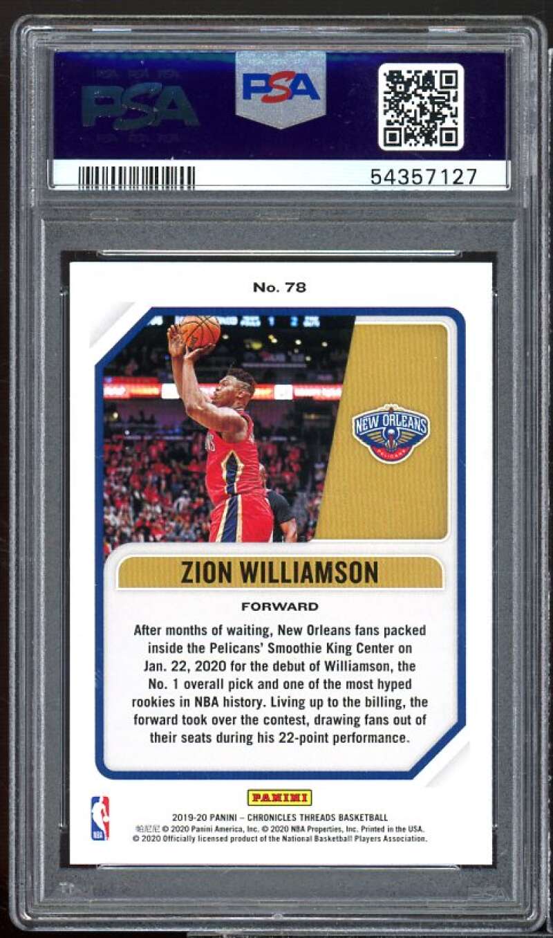 Zion Williamson Rookie Card 2019-20 Panini Chronicles #78 PSA 10 Image 2