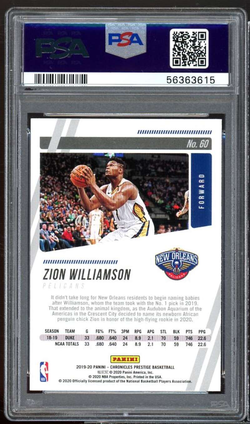 Zion Williamson Rookie Card 2019-20 Panini Chronicles Pink #60 PSA 10 Image 2