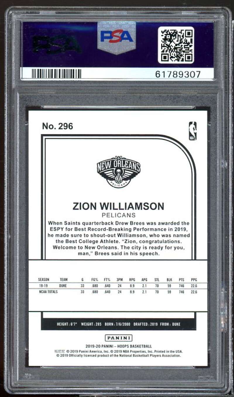 Zion Williamson Rookie Card 2019-20 Panini Hoops Winter #296 PSA 10 Image 2