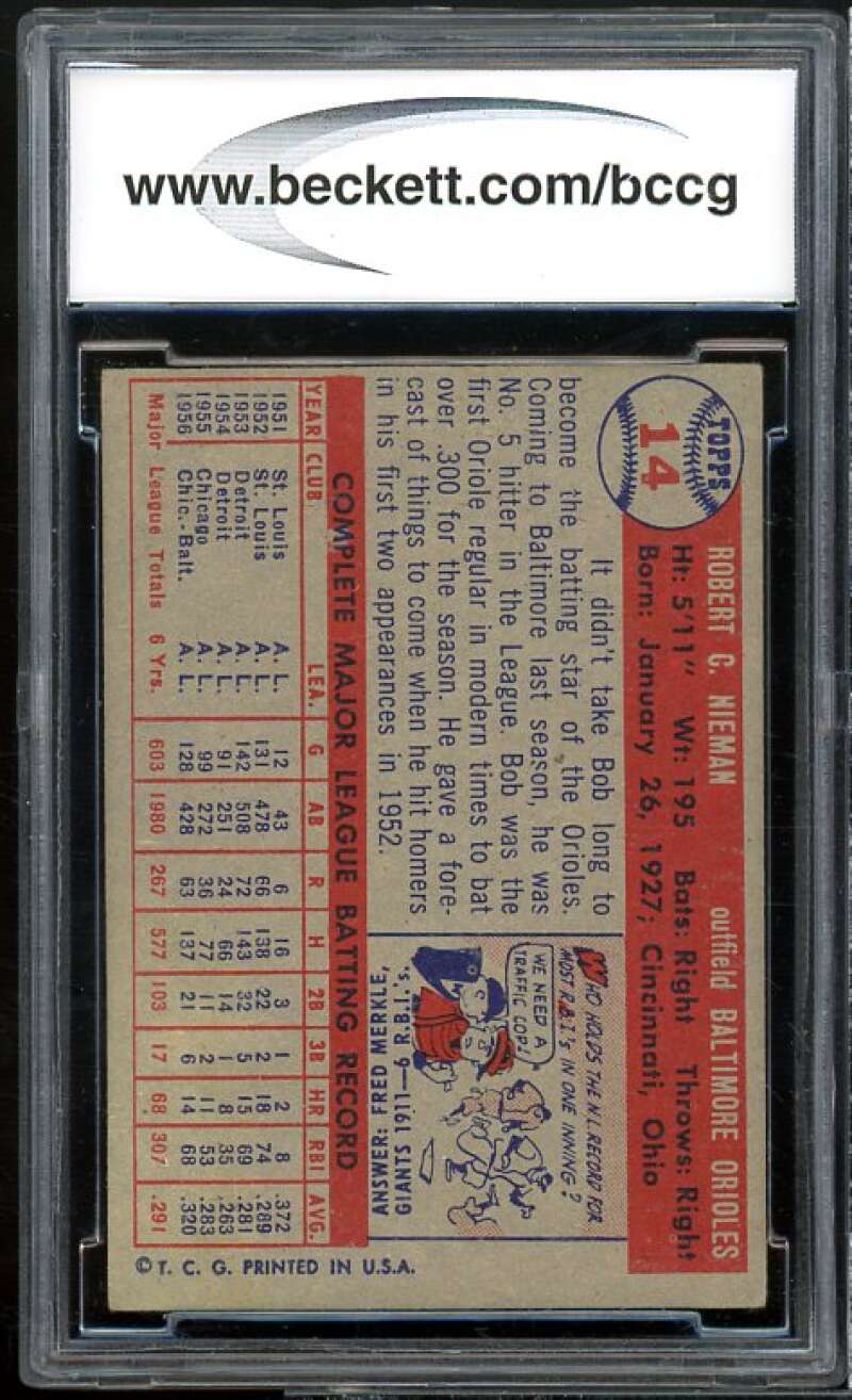 Bob Nieman Card 1957 Topps #14 BGS BCCG 8 Excellent+ Image 2