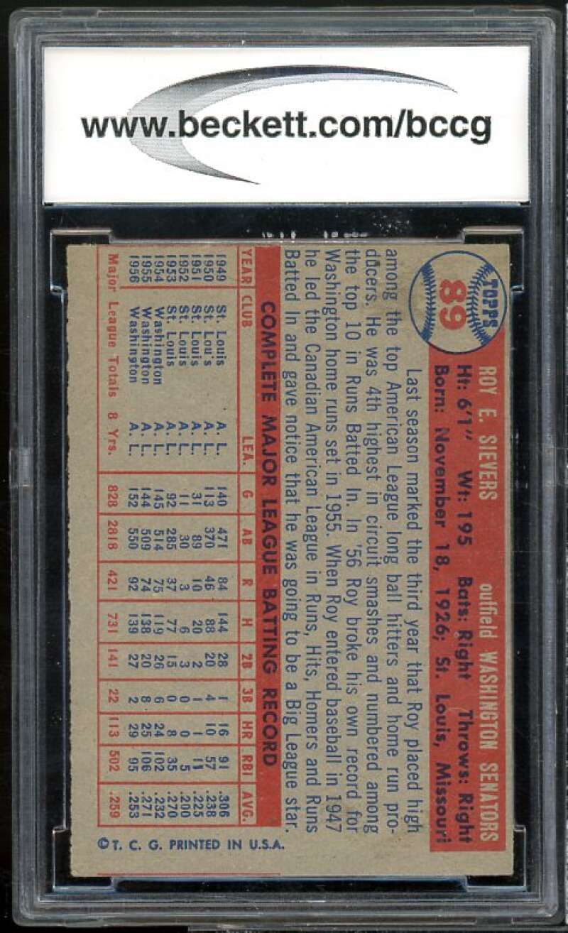 Roy Sievers Card 1957 Topps #89 BGS BCCG 8 Excellent+ Image 2