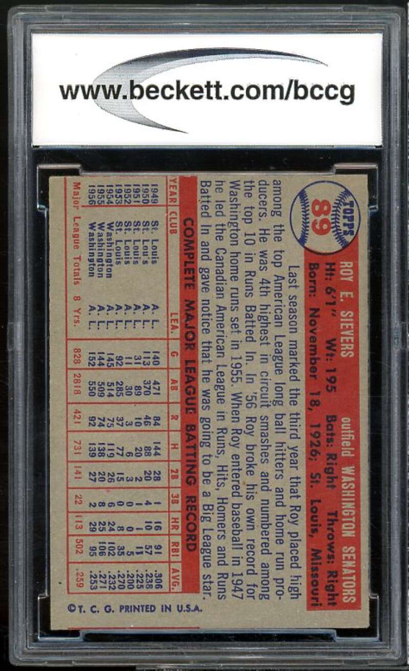 Roy Sievers Card 1957 Topps #89 BGS BCCG 8 Excellent+ Image 2