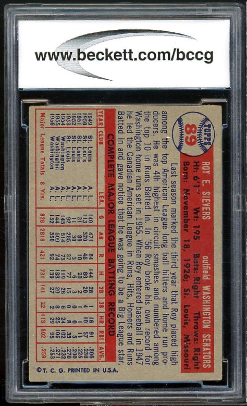 Roy Sievers Card 1957 Topps #89 BGS BCCG 9 Near Mint+ Image 2