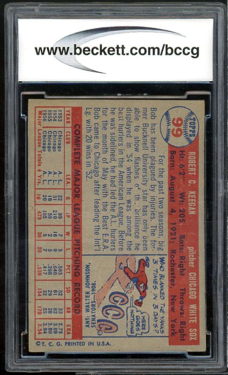 Bob Keegan Card 1957 Topps #99 BGS BCCG 6 Good+ Image 2