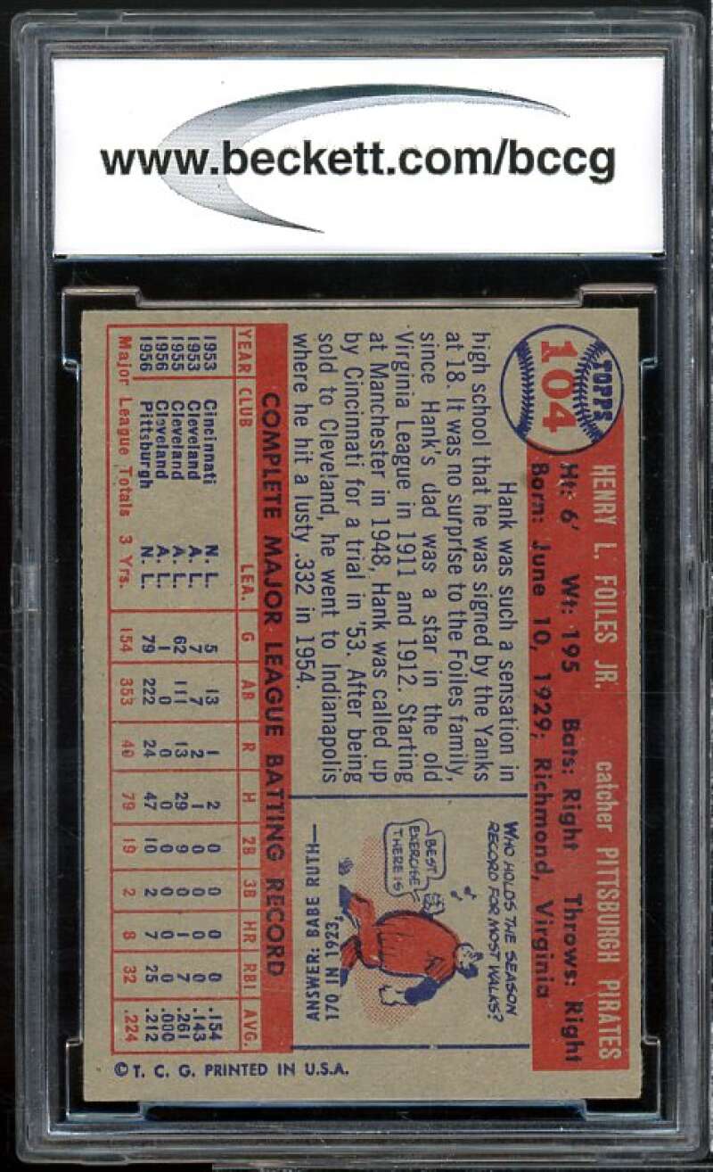 Hank Foiles Card 1957 Topps #104 BGS BCCG 9 Near Mint+ Image 2