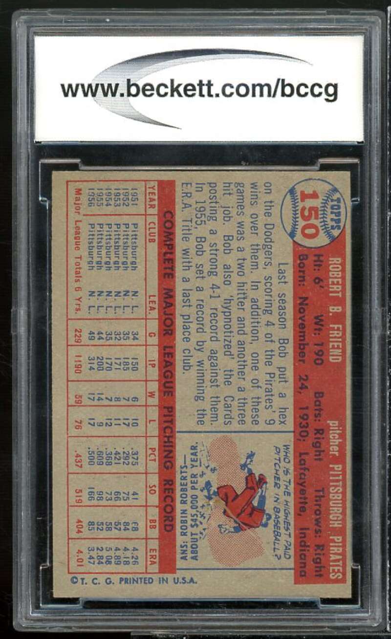 Bob Friend Card 1957 Topps #150 BGS BCCG 8 Excellent+ Image 2