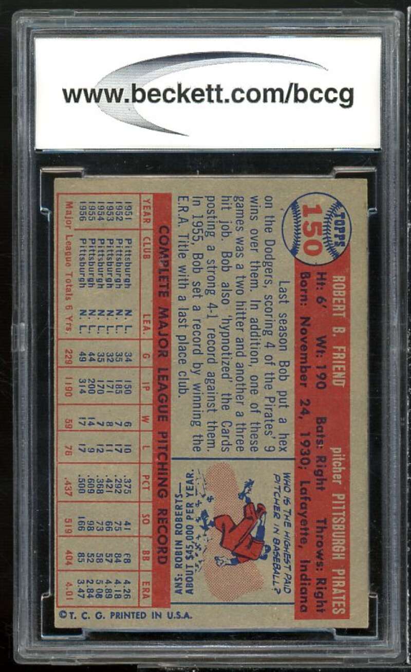 Bob Friend Card 1957 Topps #150 BGS BCCG 8 Excellent+ Image 2