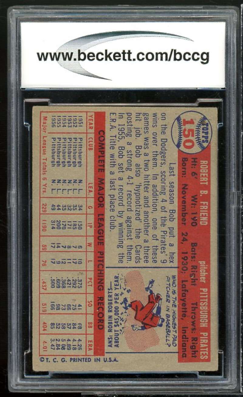 Bob Friend Card 1957 Topps #150 BGS BCCG 8 Excellent+ Image 2