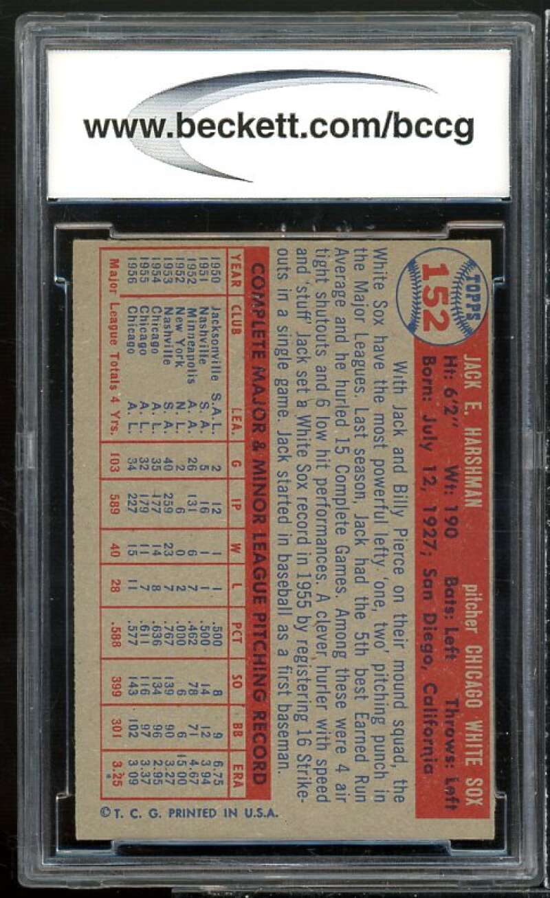 Jack Harshman Card 1957 Topps #152 BGS BCCG 7 Very Good+ Image 2