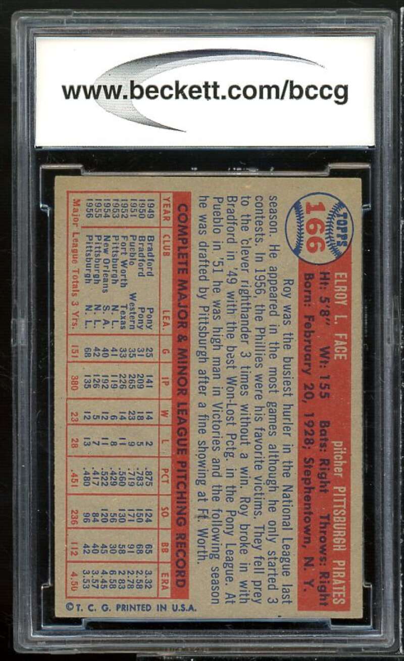 Roy Face Card 1957 Topps #166 BGS BCCG 8 Excellent+ Image 2