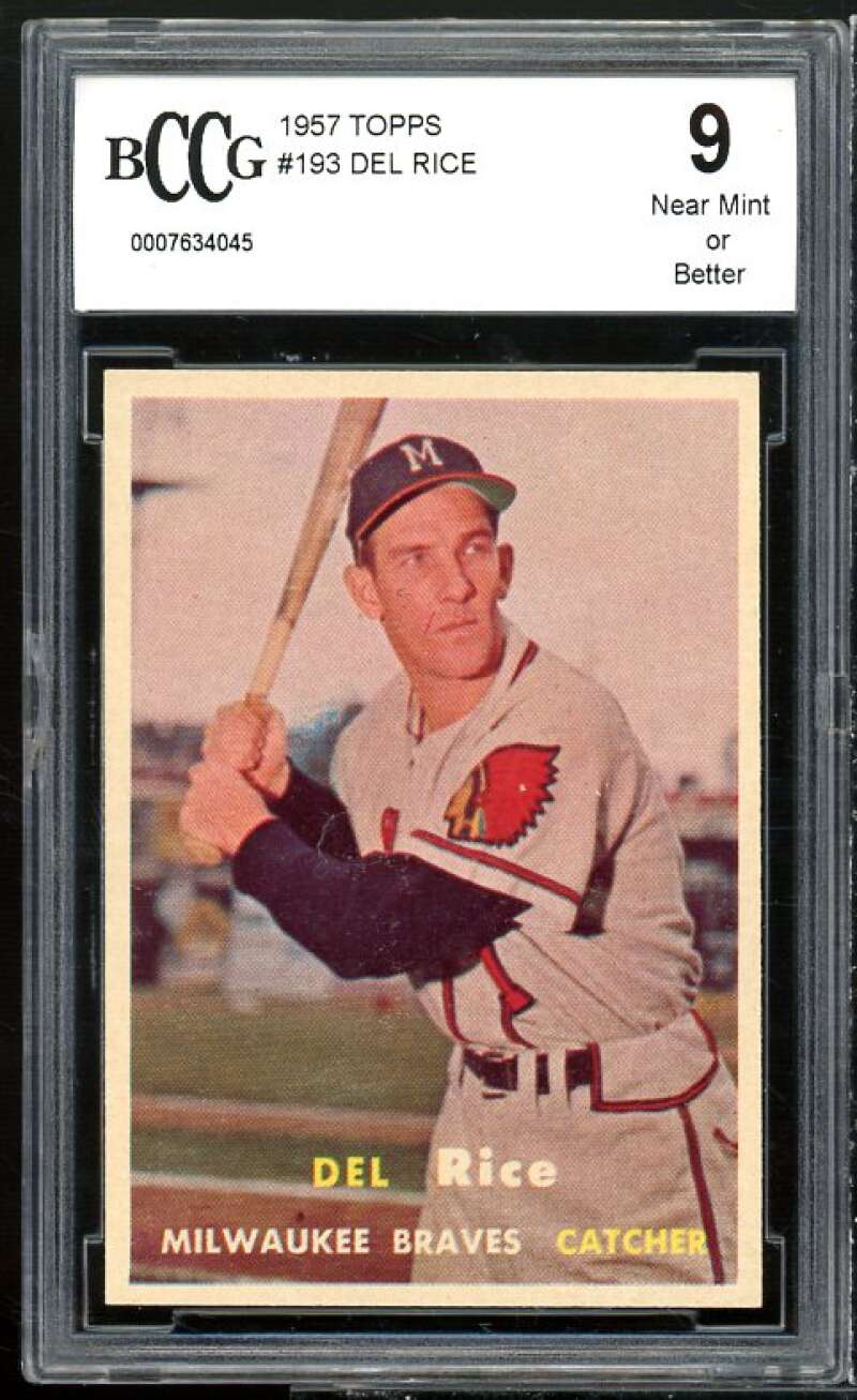 Del Rice Card 1957 Topps #193 BGS BCCG 9 Near Mint+ Image 1