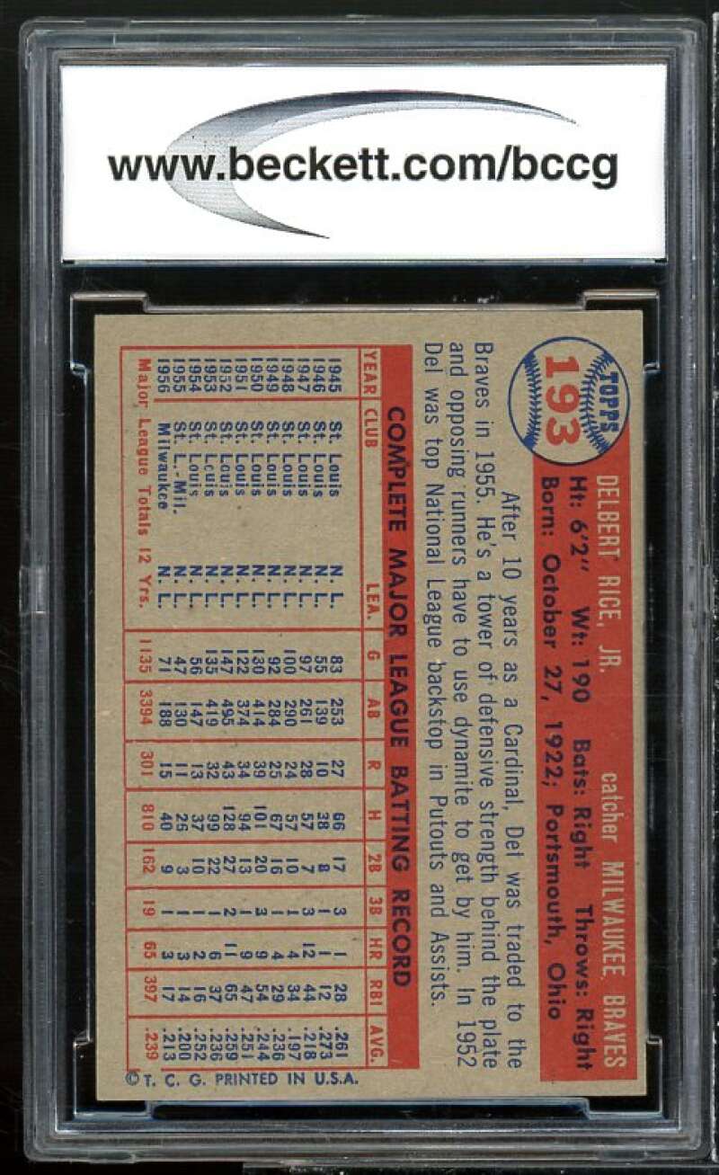 Del Rice Card 1957 Topps #193 BGS BCCG 9 Near Mint+ Image 2