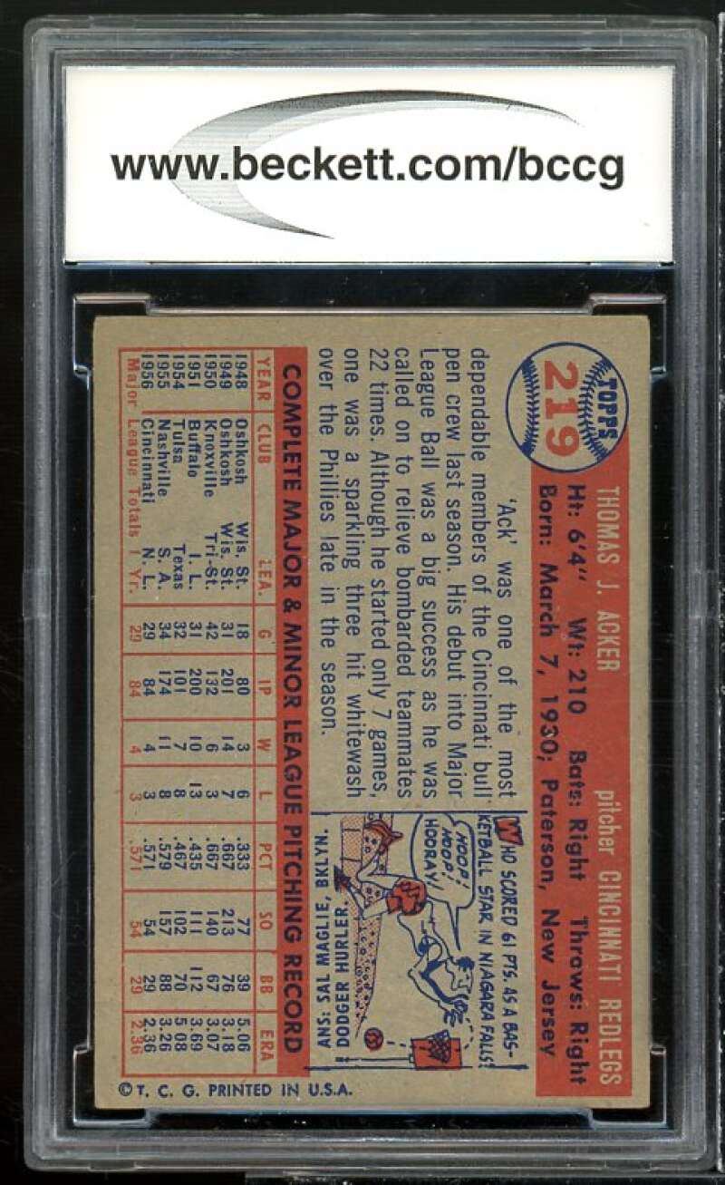 Tom Acker Card 1957 Topps #219 BGS BCCG 8 Excellent+ Image 2