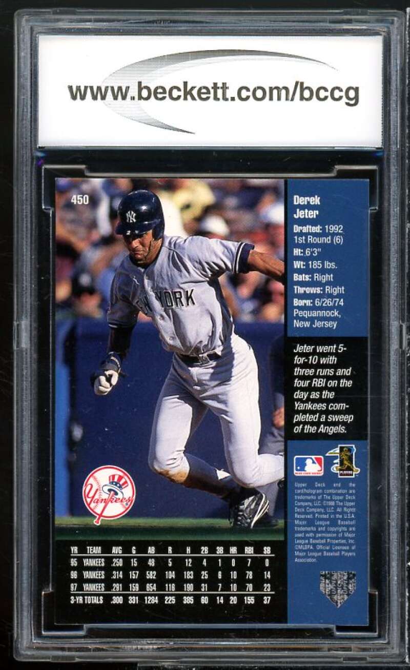 Derek Jeter Card 1998 Upper Deck #450 BGS BCCG 10 Mint+ Image 2