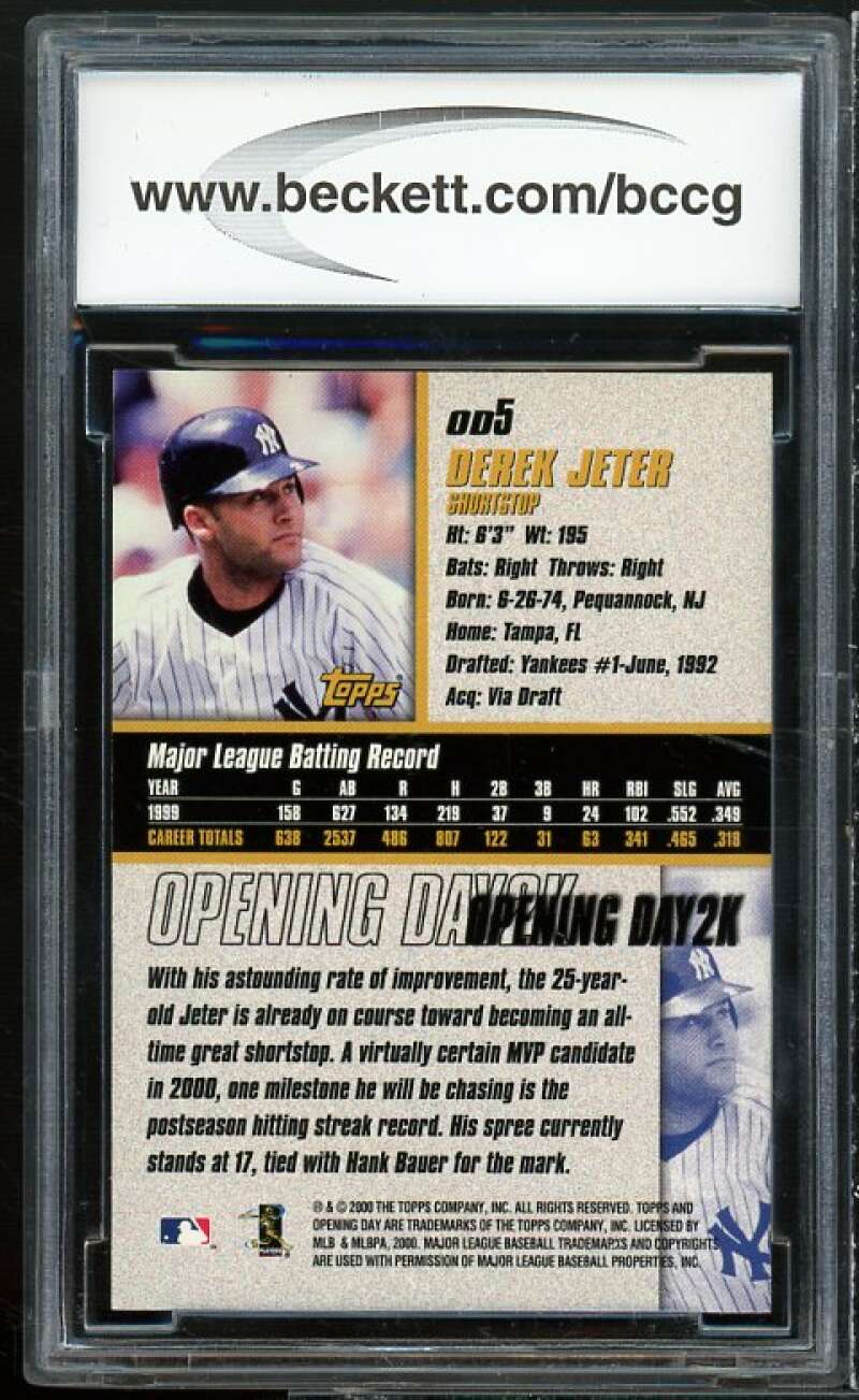 Derek Jeter Card 2000 Opening Day Topps 2K #od5 BGS BCCG 9 Near Mint+ Image 2