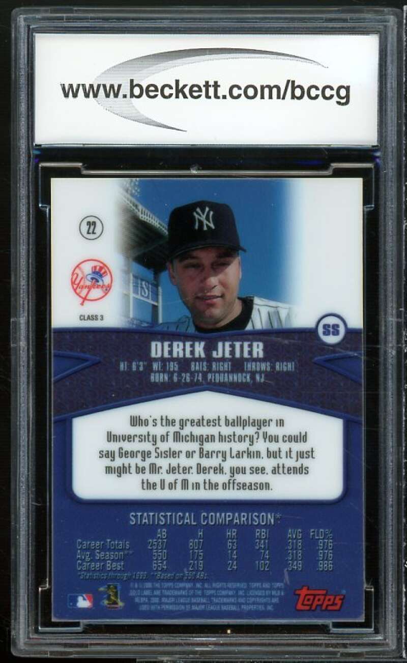 Derek Jeter Card 2000 Topps Gold Label Class 3 #22 BGS BCCG 8 Excellent+ Image 2