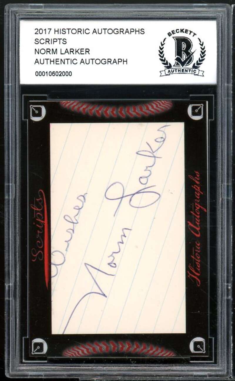 Norm Larker 2017 Historic Autographs Scripts #nno BGS BCCG Authentic Image 1