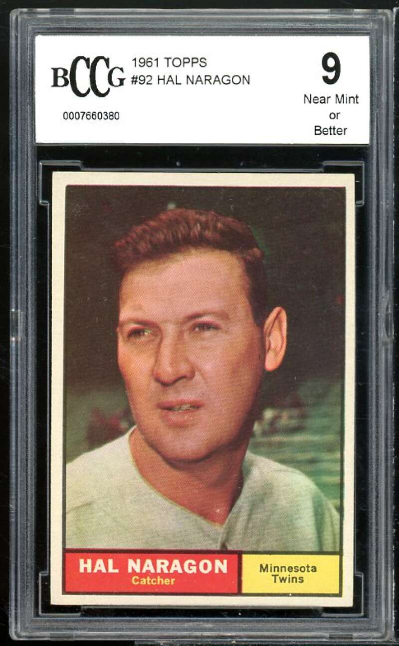 Hal Naragon Card 1961 Topps #92 BGS BCCG 9 Near Mint+ Image 1