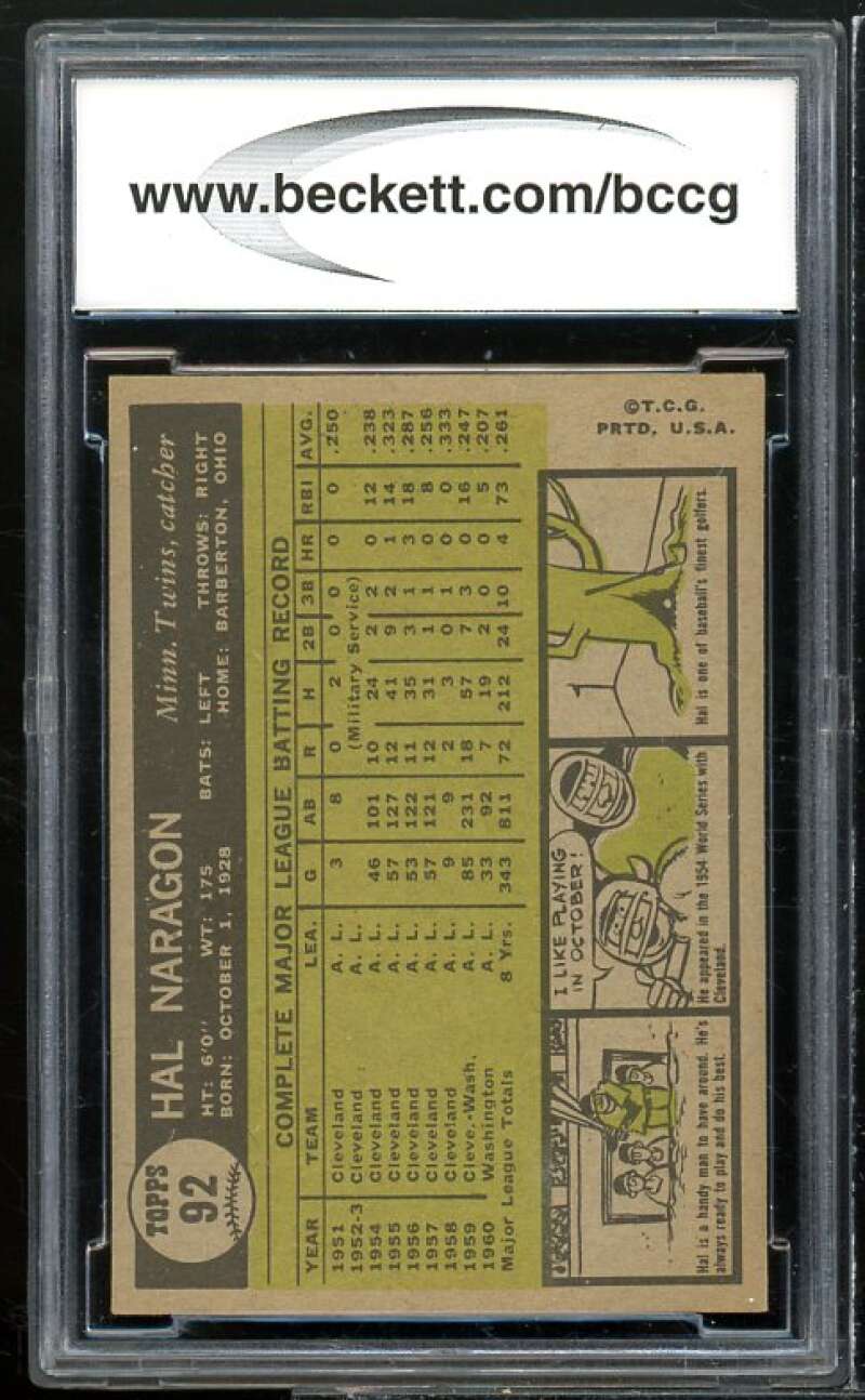 Hal Naragon Card 1961 Topps #92 BGS BCCG 9 Near Mint+ Image 2