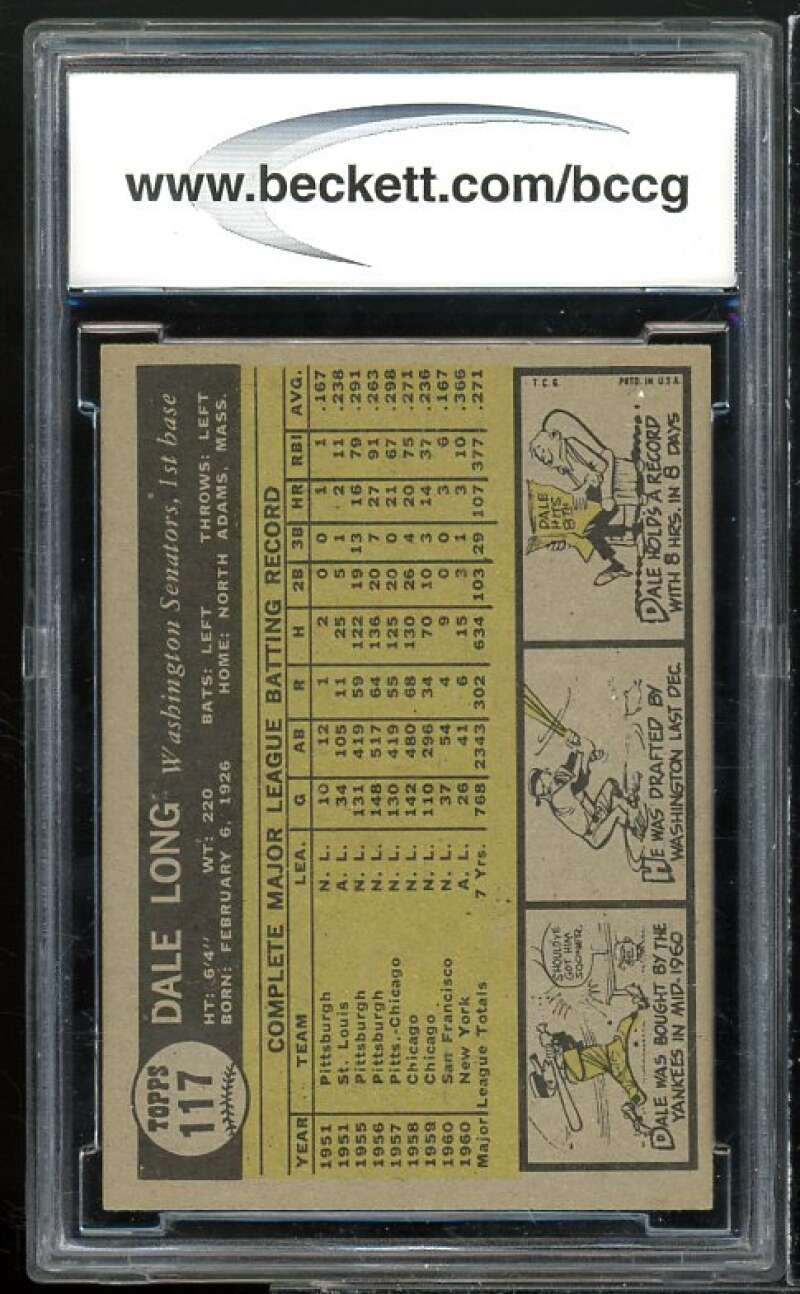 Dale Long Card 1961 Topps #117 BGS BCCG 8 Excellent+ Image 2