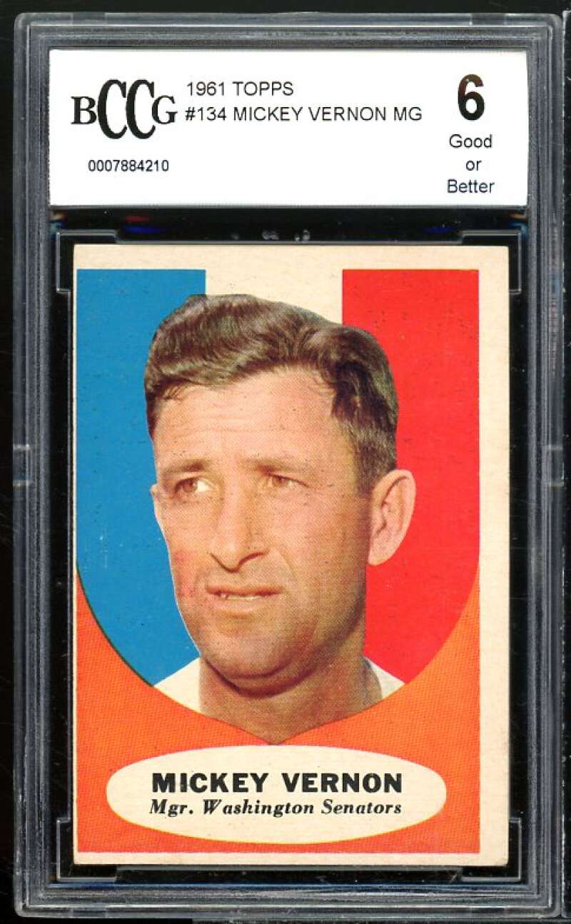 Mickey Vernon Card 1961 Topps #134 BGS BCCG 6 Good+ Image 1