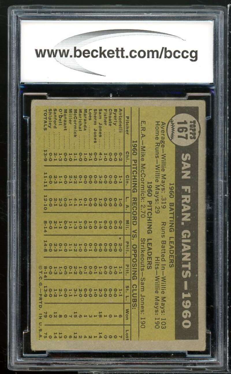 San Francisco Giants Team Card 1961 Topps #167 BGS BCCG 7 Very Good+ Image 2