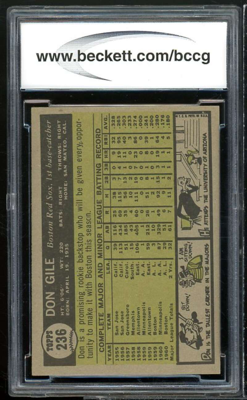 Don Gile Card 1961 Topps #236 BGS BCCG 9 Near Mint+ Image 2