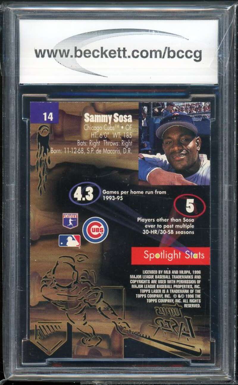 Sammy Sosa Card 1996 Topps Laser #14 BGS BCCG 9 Near Mint+ Image 2