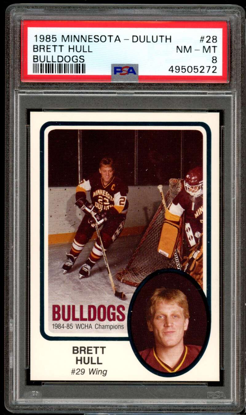 Brett Hull Rookie Card 1985-86 University of Minnesota-Duluth Bulldogs #28 PSA 8 Image 1