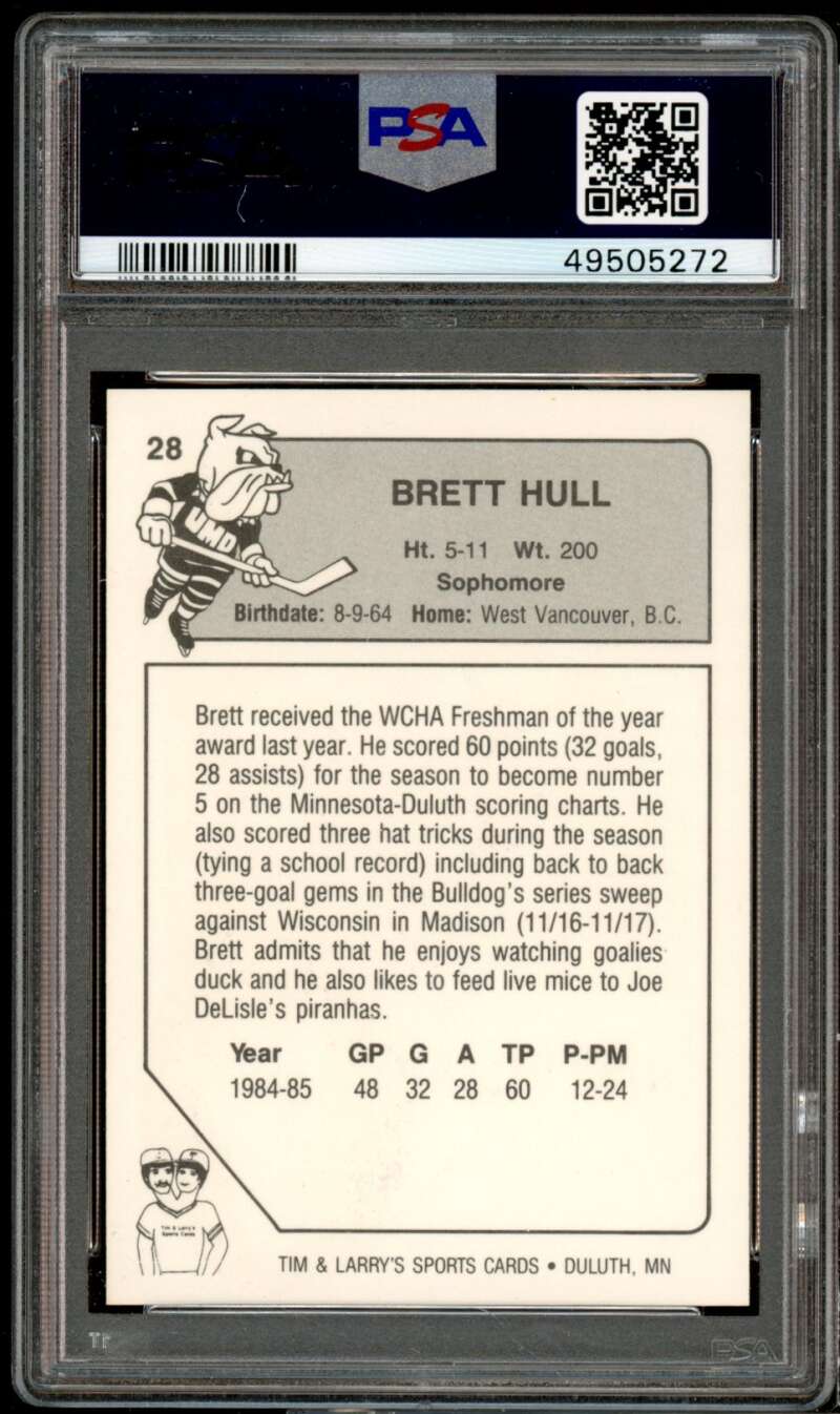 Brett Hull Rookie Card 1985-86 University of Minnesota-Duluth Bulldogs #28 PSA 8 Image 2