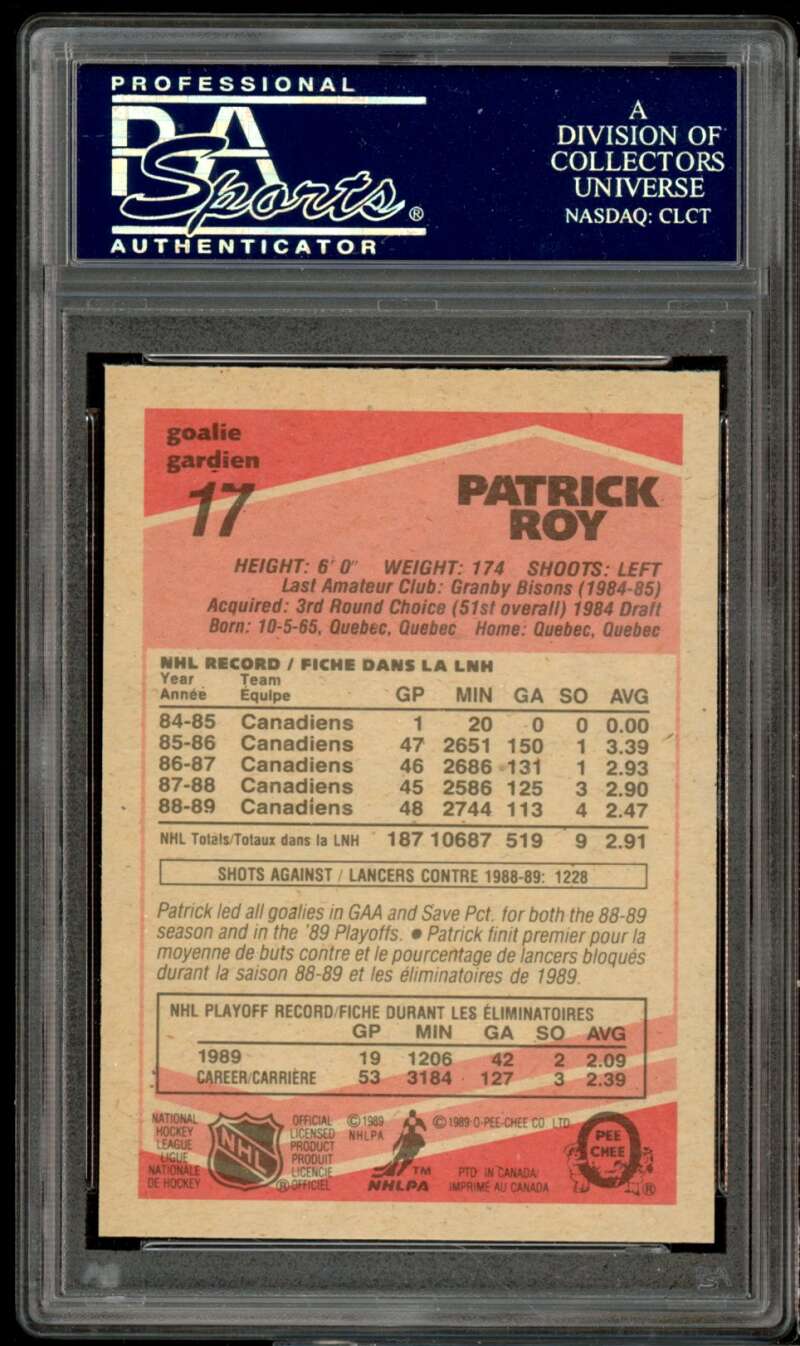 Patrick Roy Card 1989-90 O-Pee-Chee #17 PSA 9 Image 2