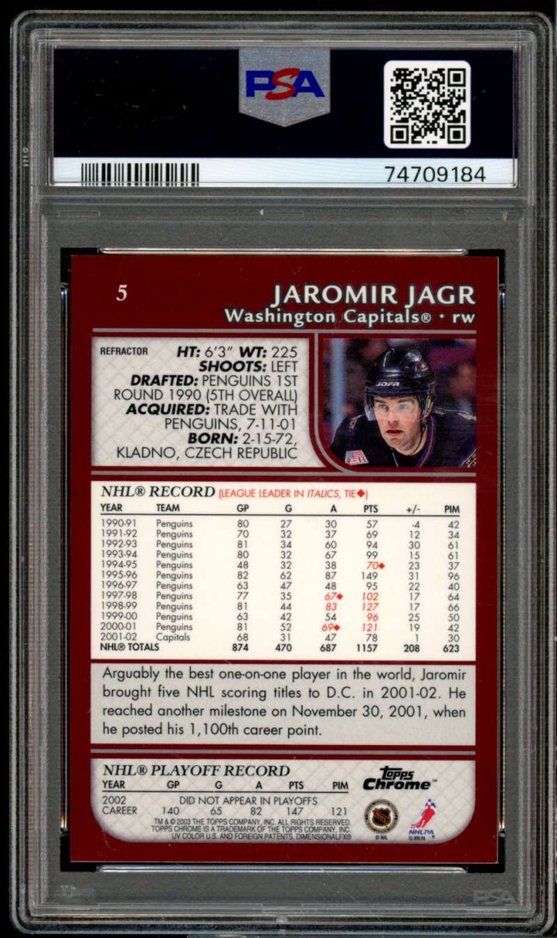 Jaromir Jagr Card 2002-03 Topps Chrome Refractor #5 PSA 9 Image 2