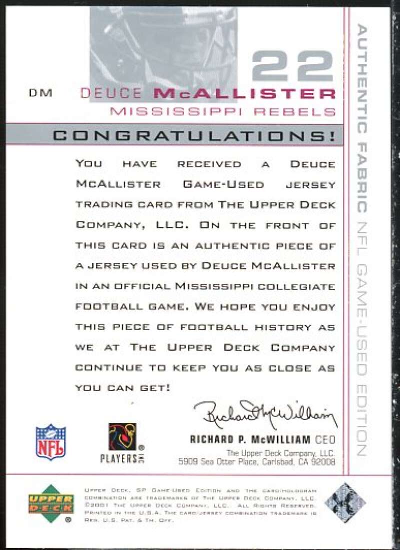 Deuce McAllister Card 2001 SP Game Used Edition Authentic Fabric #DM  Image 2