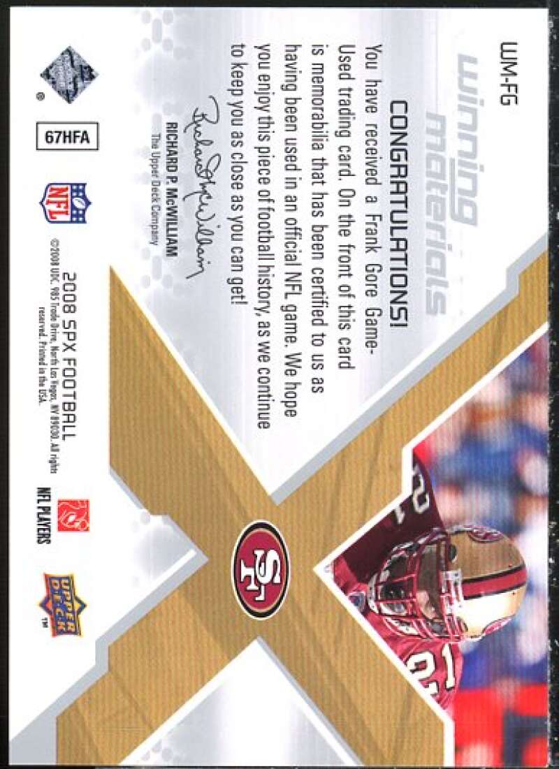 Frank Gore Card 2008 SPx Winning Materials SPX 149 #WMFG  Image 2