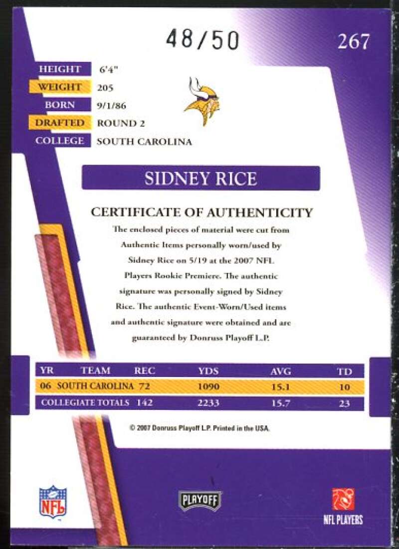 Sidney Rice 2007 Absolute Memorabilia Rookie Premiere Materials AU Spectrum #267  Image 2