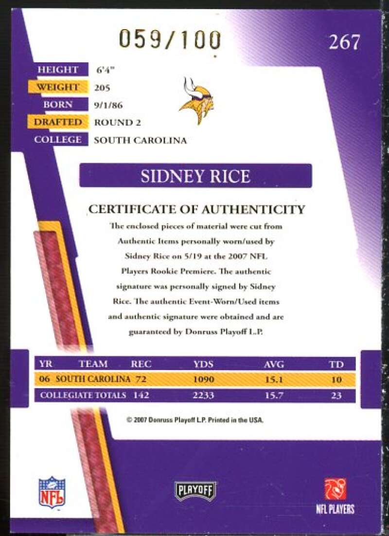 Sidney Rice 2007 Absolute Memorabilia Rookie Premiere Materials Autographs #267  Image 2
