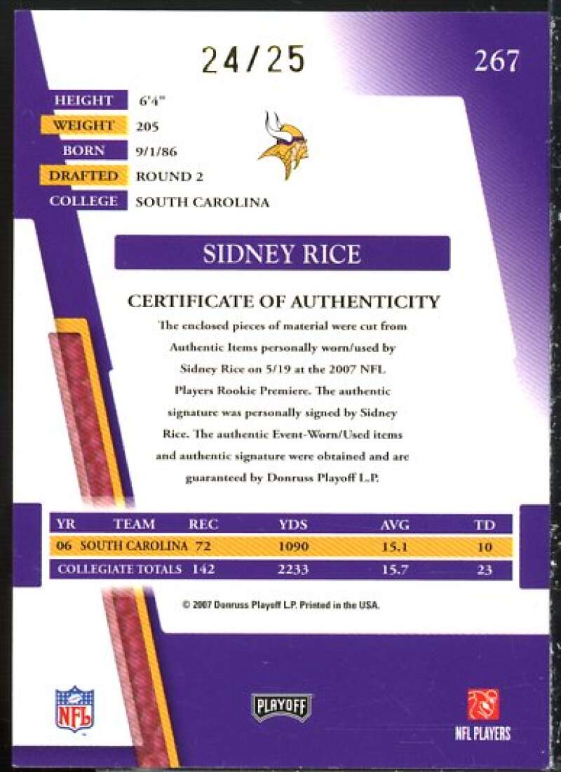 Sidney Rice 2007 Absolute Memorabilia Rookie Materials Autographs AFC/NFC #267  Image 2