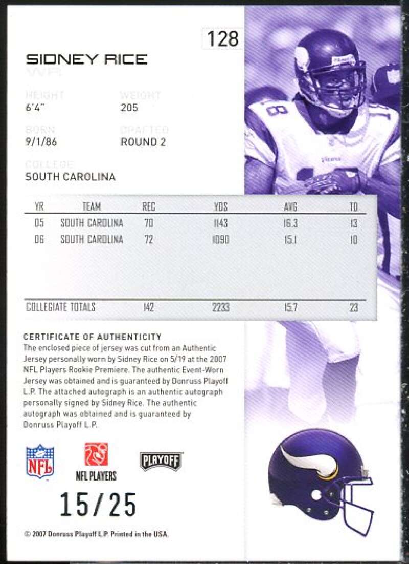 Sidney Rice 2007 Playoff NFL Playoffs Material Signatures Silver Prime #128  Image 2