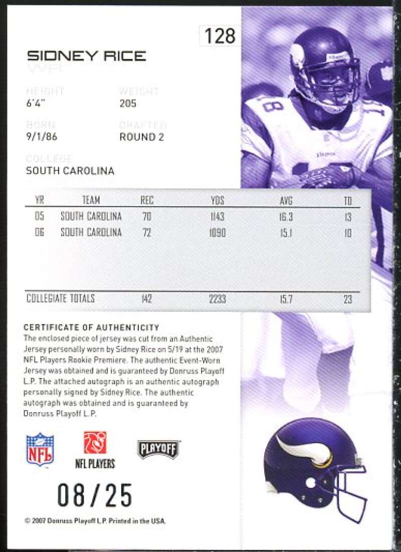 Sidney Rice 2007 Playoff NFL Playoffs Material Signatures Silver Prime #128  Image 2
