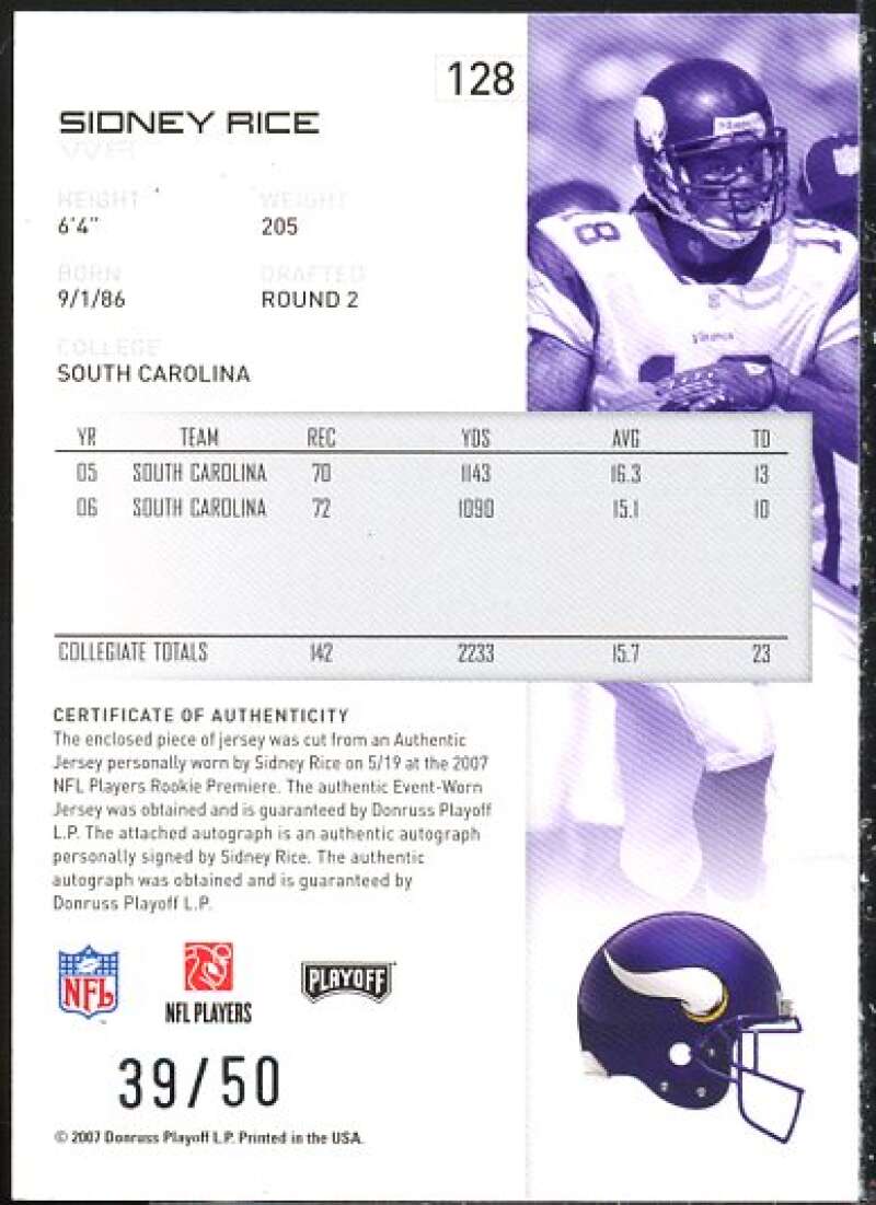 Sidney Rice Card 2007 Playoff NFL Playoffs Material Signatures Red #128  Image 2