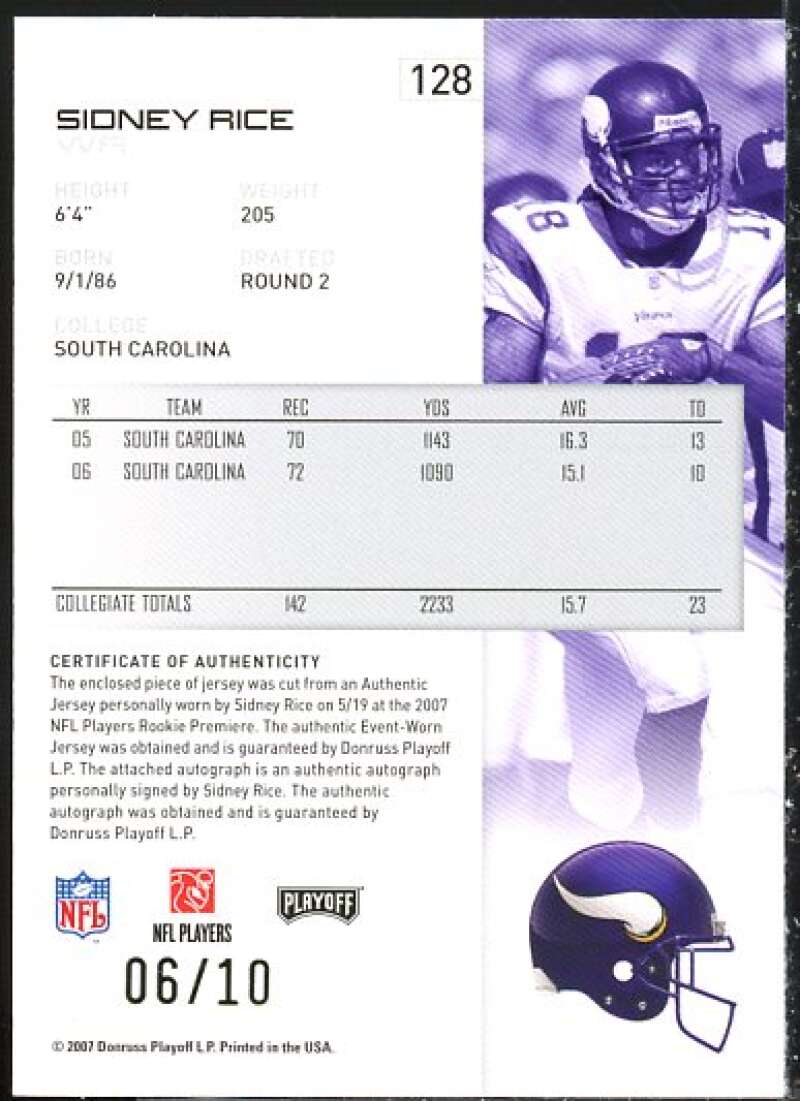 Sidney Rice Card 2007 Playoff NFL Playoffs Material Signatures Gold #128  Image 2
