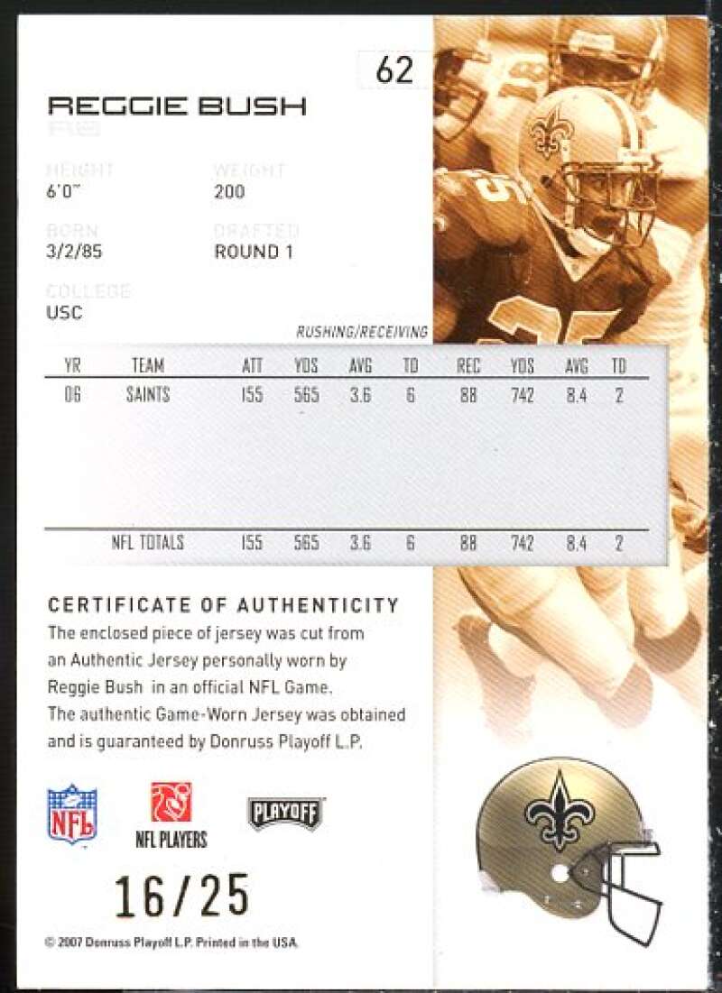 Reggie Bush Card 2007 Playoff NFL Playoffs Materials Gold #62  Image 2