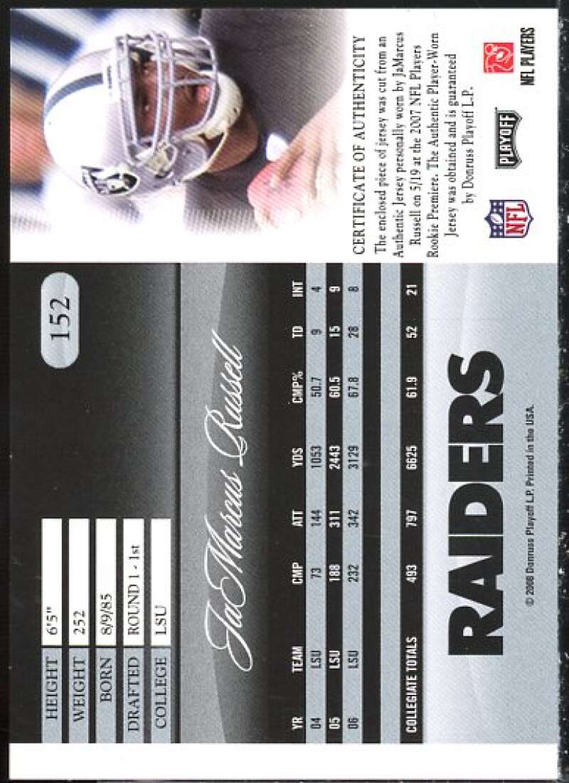 JaMarcus Russell Card 2008 Playoff Prestige Rookie Review Materials #152  Image 2