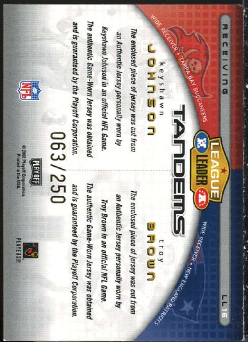 Troy Brown/Keyshawn Johnson 2002 Prestige League Leader Tandems Materials #LL16  Image 2