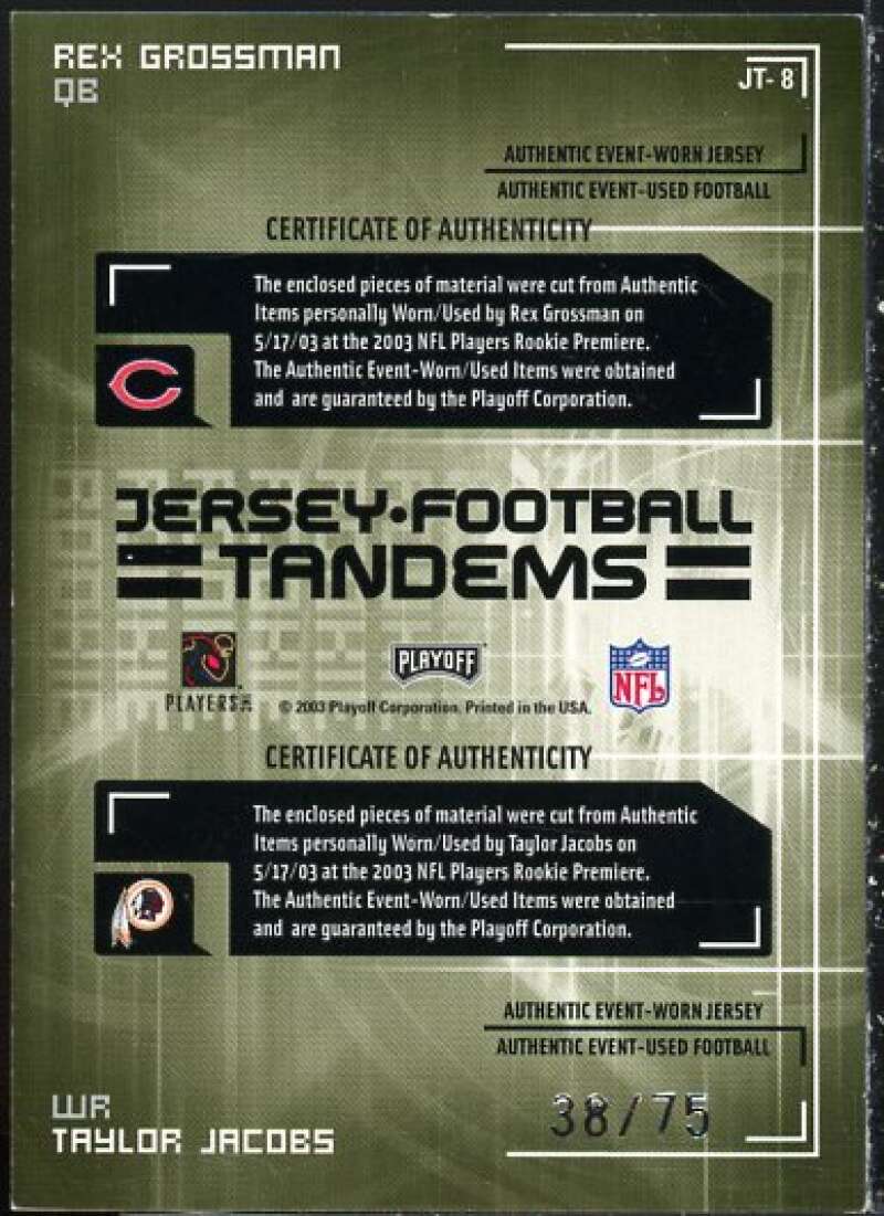 Rex Grossman/Taylor Jacobs 2003 Playoff Honors Jersey and Football Tandems #JFT8  Image 2